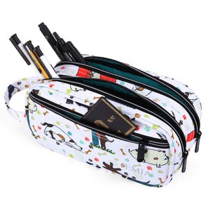 Multi Compartments and Handle Strap Pencil Case (White Dog, Polyester) - JEMIA