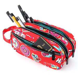 Multi Compartments and Handle Strap Pencil Case (Red Smile, Polyester) - JEMIA