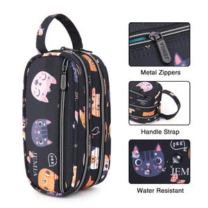 Multi Compartments and Handle Strap Pencil Case (Black Cat, Polyester) - JEMIA