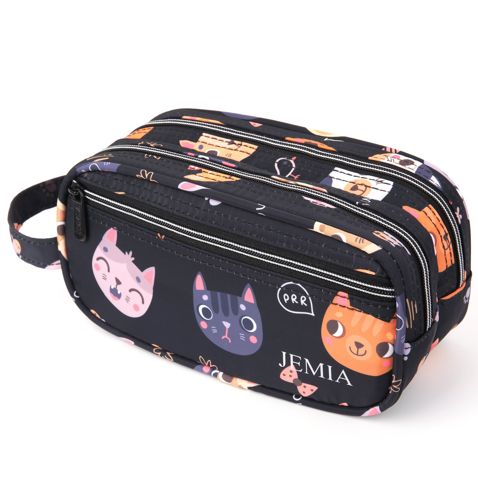 Multi Compartments and Handle Strap Pencil Case (Black Cat, Polyester) - JEMIA