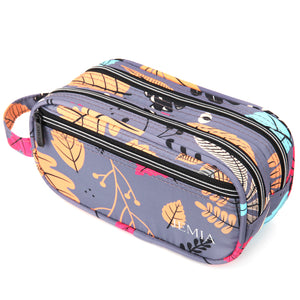 Multi Compartments and Handle Strap Pencil Case (Grey Leaves, Polyester) - JEMIA
