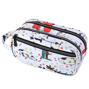 Multi Compartments and Handle Strap Pencil Case (White Dog, Polyester) - JEMIA