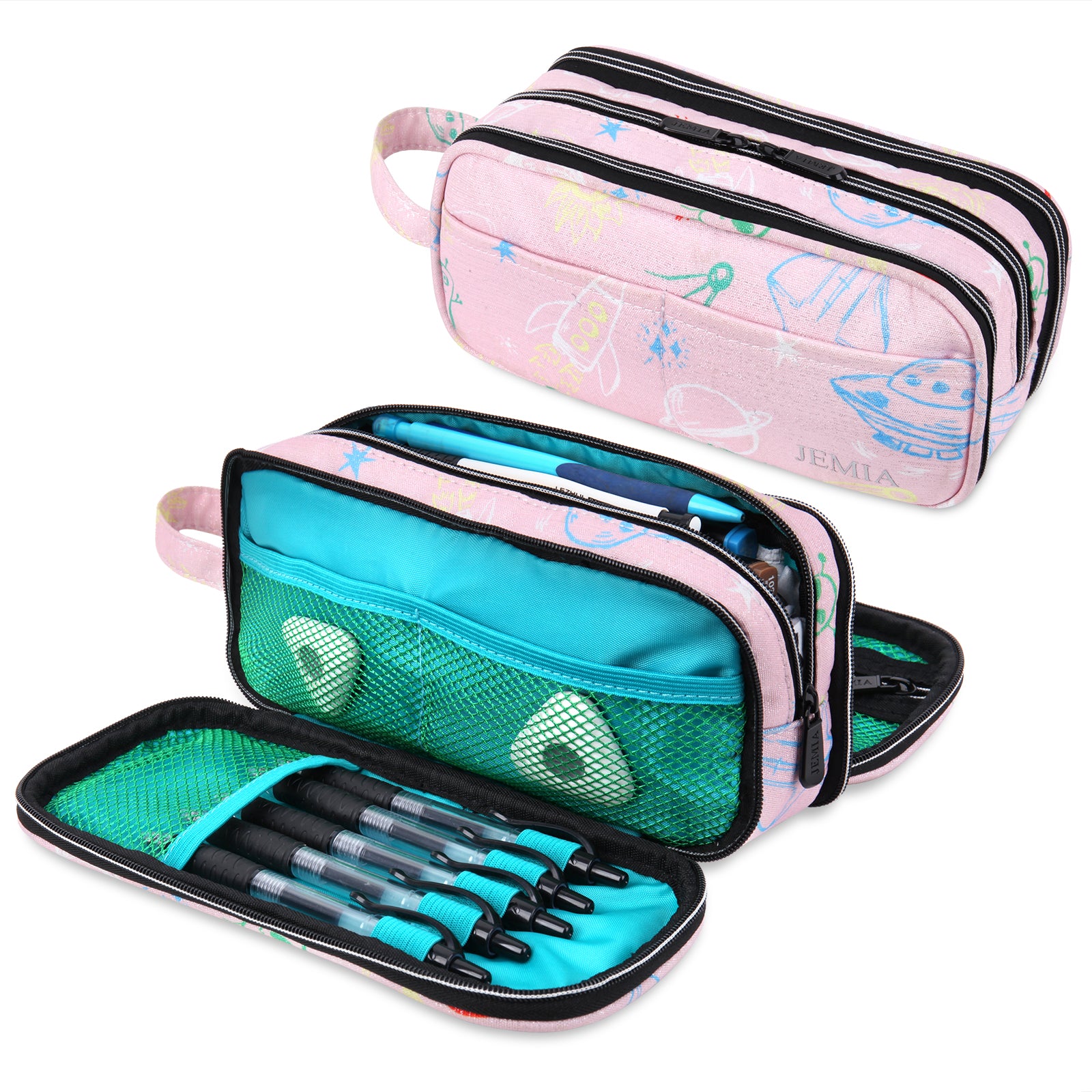 Pencil Case with 3 Independent Compartments (Pink Galaxy, Polyester) - JEMIA