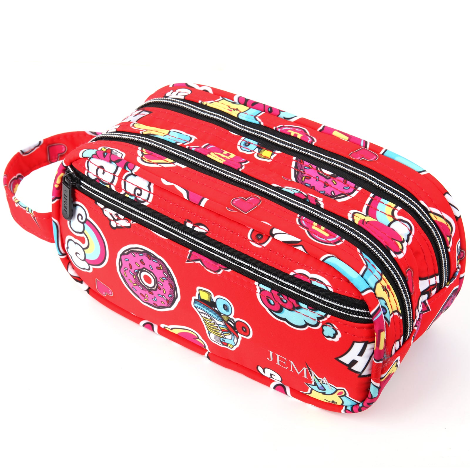 Jemia Multi Compartments and Handle Strap Pencil Case (Red Smile, Polyester)