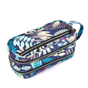 Multi Compartments and Handle Strap Pencil Case (Blue Leaves, Polyester) - JEMIA