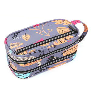 Multi Compartments and Handle Strap Pencil Case (Grey Leaves, Polyester) - JEMIA