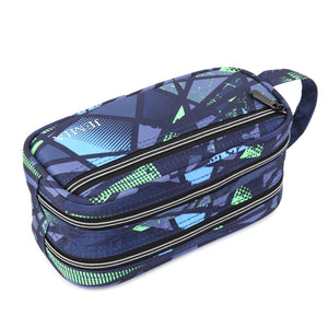 Multi Compartments and Handle Strap Pencil Case (Blue Geometric, Polyester) - JEMIA