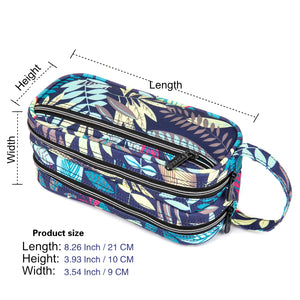 Multi Compartments and Handle Strap Pencil Case (Blue Leaves, Polyester) - JEMIA