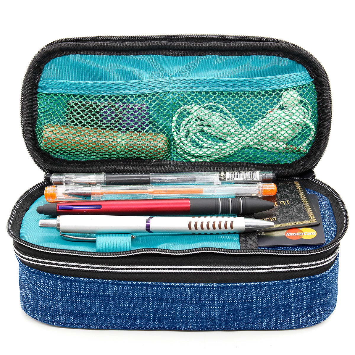 Square Dual Compartments and Handle Strap Pencil Case Mesh, Slot Pockets  (Denim Jean Style, Canvas)