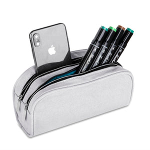 Dual Compartments Pencil Case with Mesh Pockets (Plain, Canvas) - JEMIA