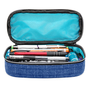 Square Dual Compartments and Handle Strap Pencil Case Mesh, Slot Pockets (Denim Jean Style, Canvas) - JEMIA