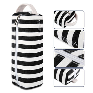 Single Compartment and Handle Strap Pencil Case (Black White Stripes, Canvas) - JEMIA