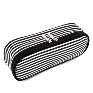Square Compartments Pencil Case with Mesh Pockets (Black White Stripes, Canvas) - JEMIA