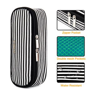 Square Compartments Pencil Case with Mesh Pockets (Black White Stripes, Canvas) - JEMIA